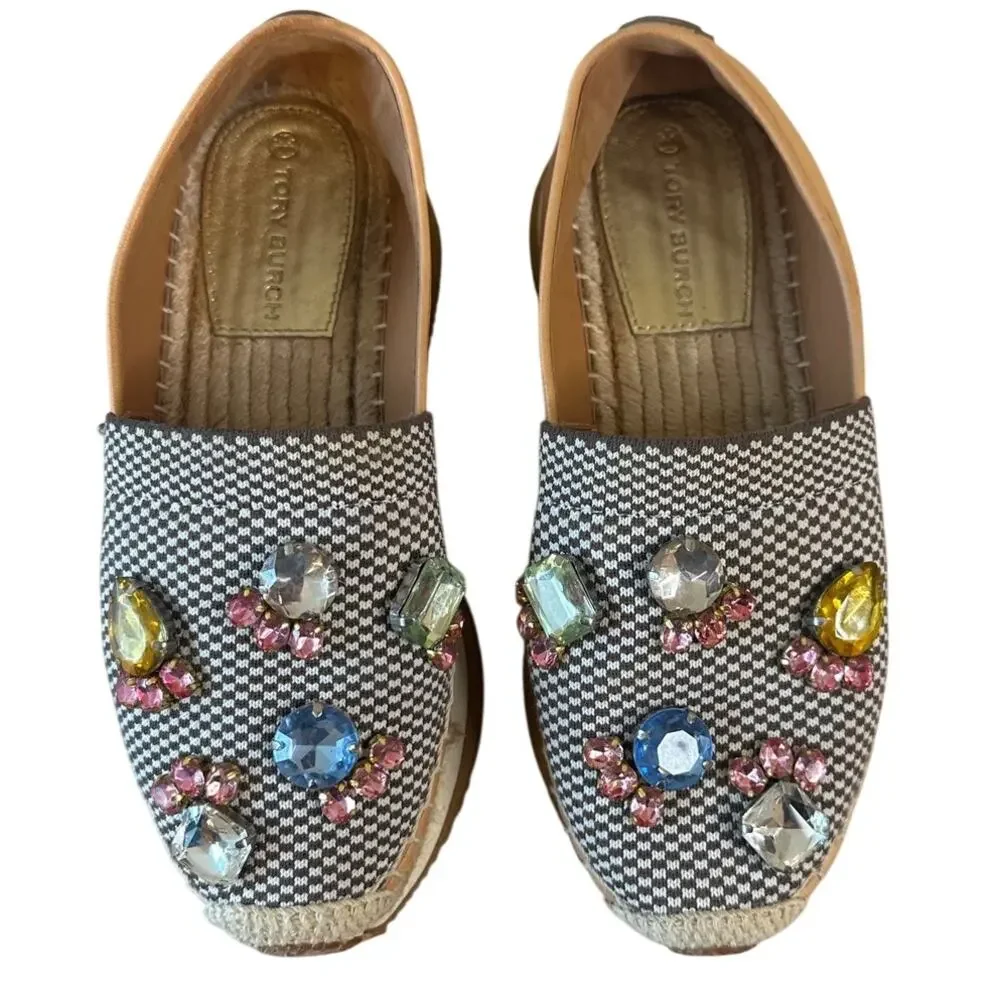 Tory Burch Crystal Daisy Espadrilles Jeweled Slip On 6.5